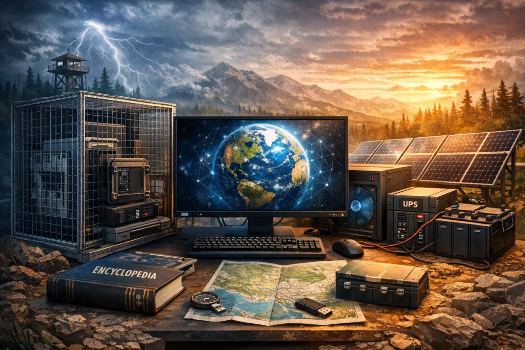 alt="Offline home server setup για Cyber-Autonomy, με προστασία EMP μέσω Faraday cage, UPS, ηλιακά πάνελ και μπαταρίες, monitor που δείχνει Earth με ψηφιακό δίκτυο, χάρτες και βιβλία στην επιφάνεια, σύγχρονο τεχνολογικό στυλ, έντονο prepper και survival αισθητικό ύφος."