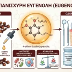 alt=&quot;Χημική δομή ευγενόλης και φιαλίδιο με αιθέριο έλαιο γαρύφαλλου&quot;