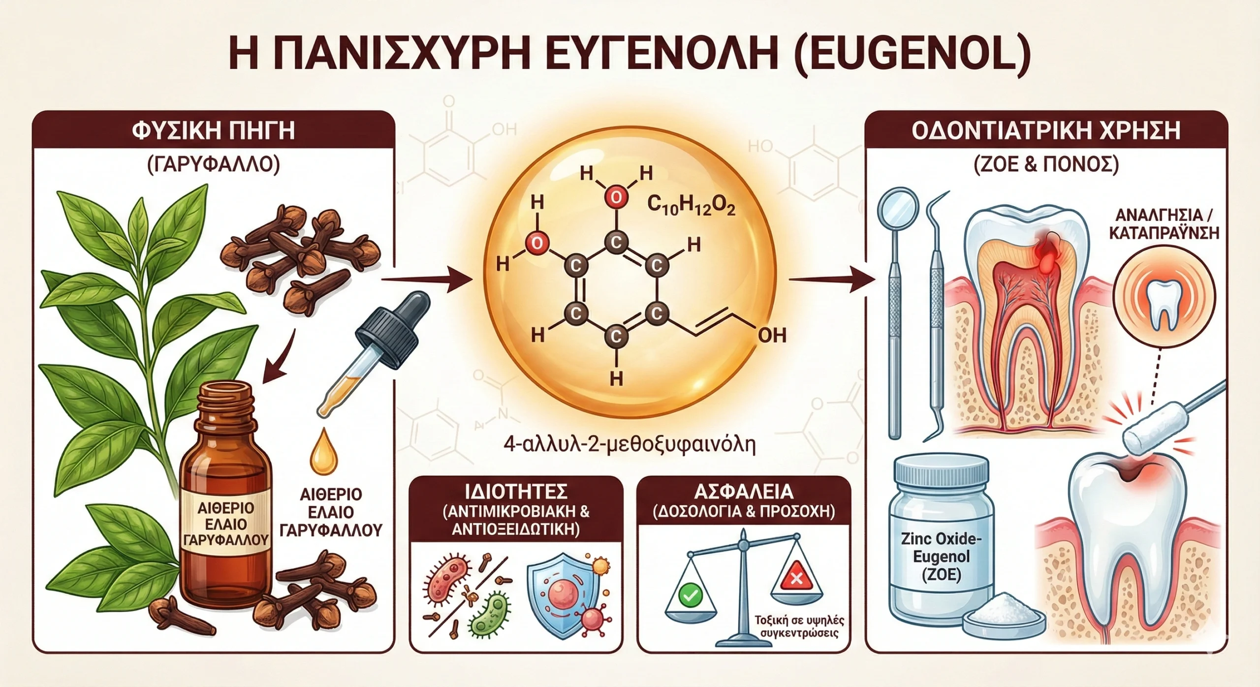 alt="Χημική δομή ευγενόλης και φιαλίδιο με αιθέριο έλαιο γαρύφαλλου"