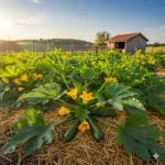 Καλλιέργεια κολοκυθιού σε βιολογικό περιβόλι με υγιή φυτά, κίτρινα άνθη και καρπούς πάνω σε εδαφοκάλυψη από άχυρο.